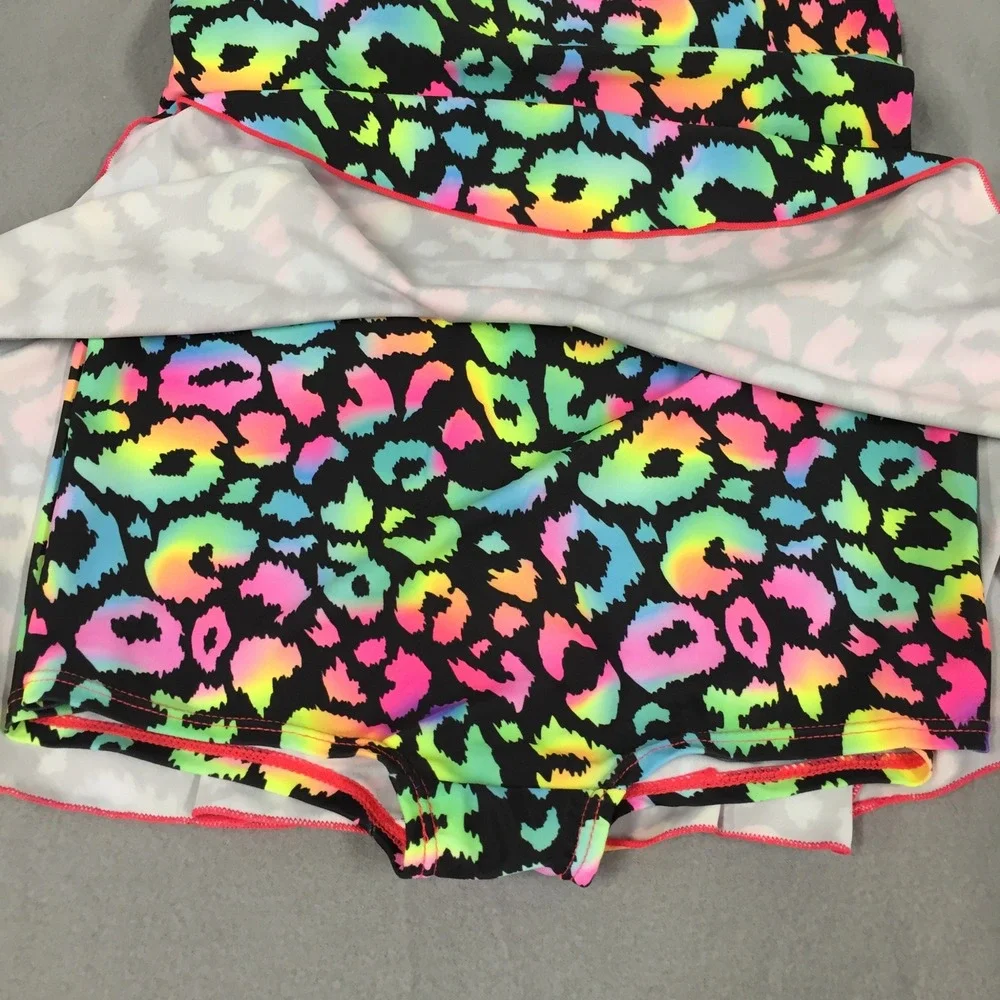 Girls Neon Rainbow Leopard Print One Piece Swim Dress Racerback Skirted Swimsuit